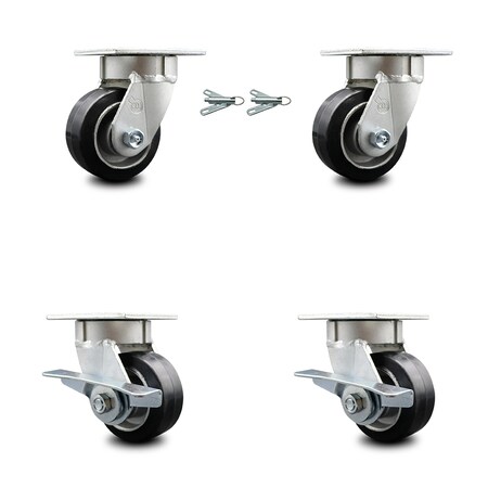 4 Inch Kingpinless Rubber on Aluminum Wheel Caster Swivel Locks 2 Brakes 2PK